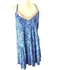 Lucky Brand Sun Dress Racerback Women L Blue with White Floral Lace at Neck